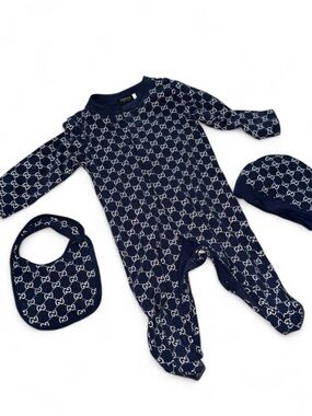 Gucci Navy GG Monogram Infant Footie with Hat & Bib